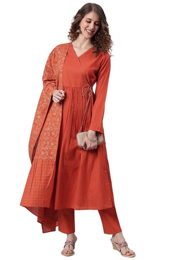 Janasya - Janasya Women's Orange Cotton Kurta With Pant And Dupatta(Orange_X-Small) - Image 1