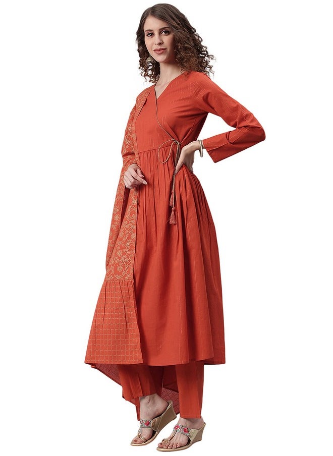 Janasya - Janasya Women's Orange Cotton Kurta With Pant And Dupatta(Orange_X-Small) - Image 1