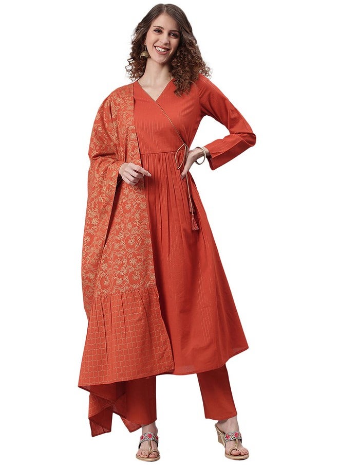 Janasya - Janasya Women's Orange Cotton Kurta With Pant And Dupatta(Orange_X-Small) - Image 1