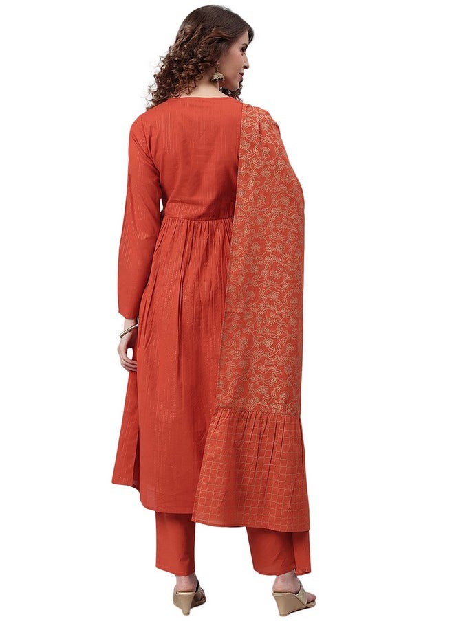 Janasya - Janasya Women's Orange Cotton Kurta With Pant And Dupatta(Orange_X-Small) - Image 1