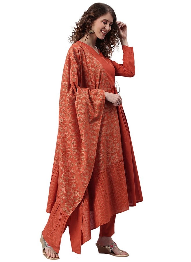 Janasya - Janasya Women's Orange Cotton Kurta With Pant And Dupatta(Orange_X-Small) - Image 1