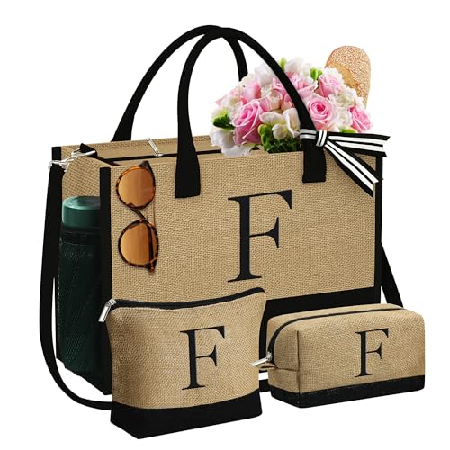 YOOLIFE Thank You Gift for Teacher - Beach Tote Bag Best Friend Birthday Gifts Large Beach Bag Tote Personalized Grandma Mom Teacher Birthday Gifts for Her Grandma Mom Gift Basket Letter F - Image 1