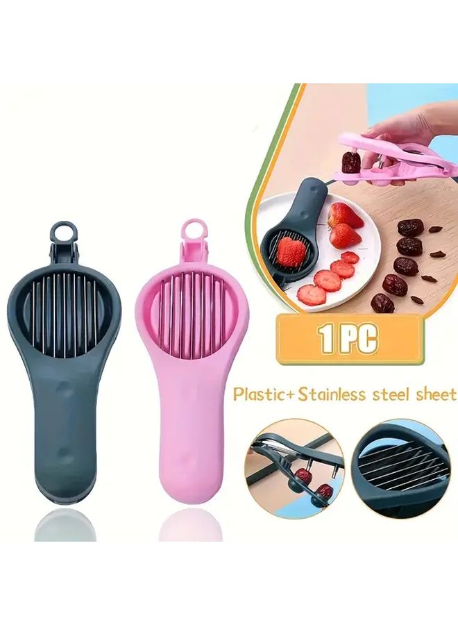Pink 2 in 1 Stainless Steel Fruit Vegetable Slicer Cherry Olive Pitter Strawberry Cutter - Image 1