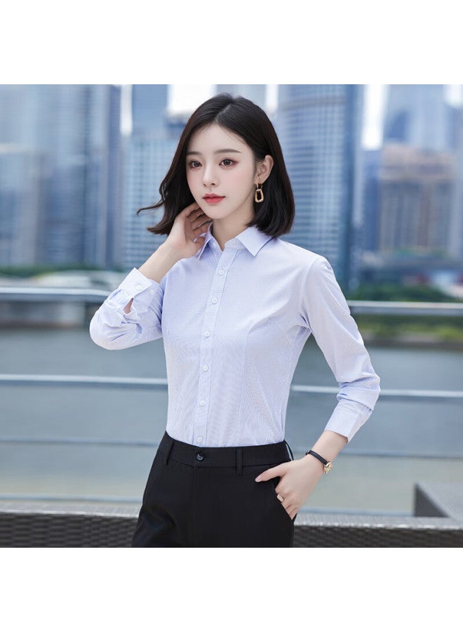 Teluoman Wrinkle-resistant Non-iron Blue Striped Blouse, Women's Long-sleeve Professional Commute Business Formal Shirt - Image 2