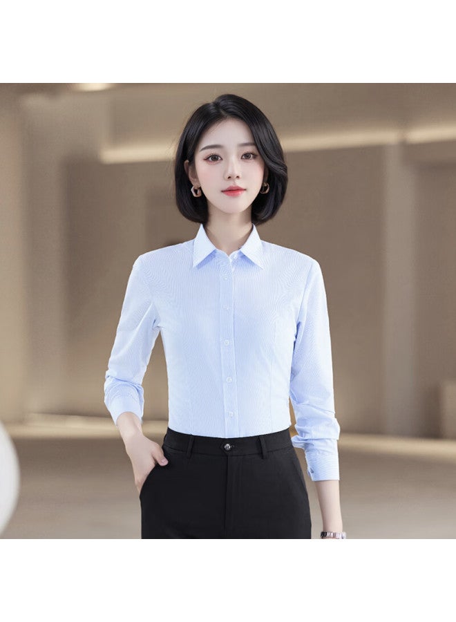 Teluoman Wrinkle-resistant Non-iron Blue Striped Blouse, Women's Long-sleeve Professional Commute Business Formal Shirt - Image 5