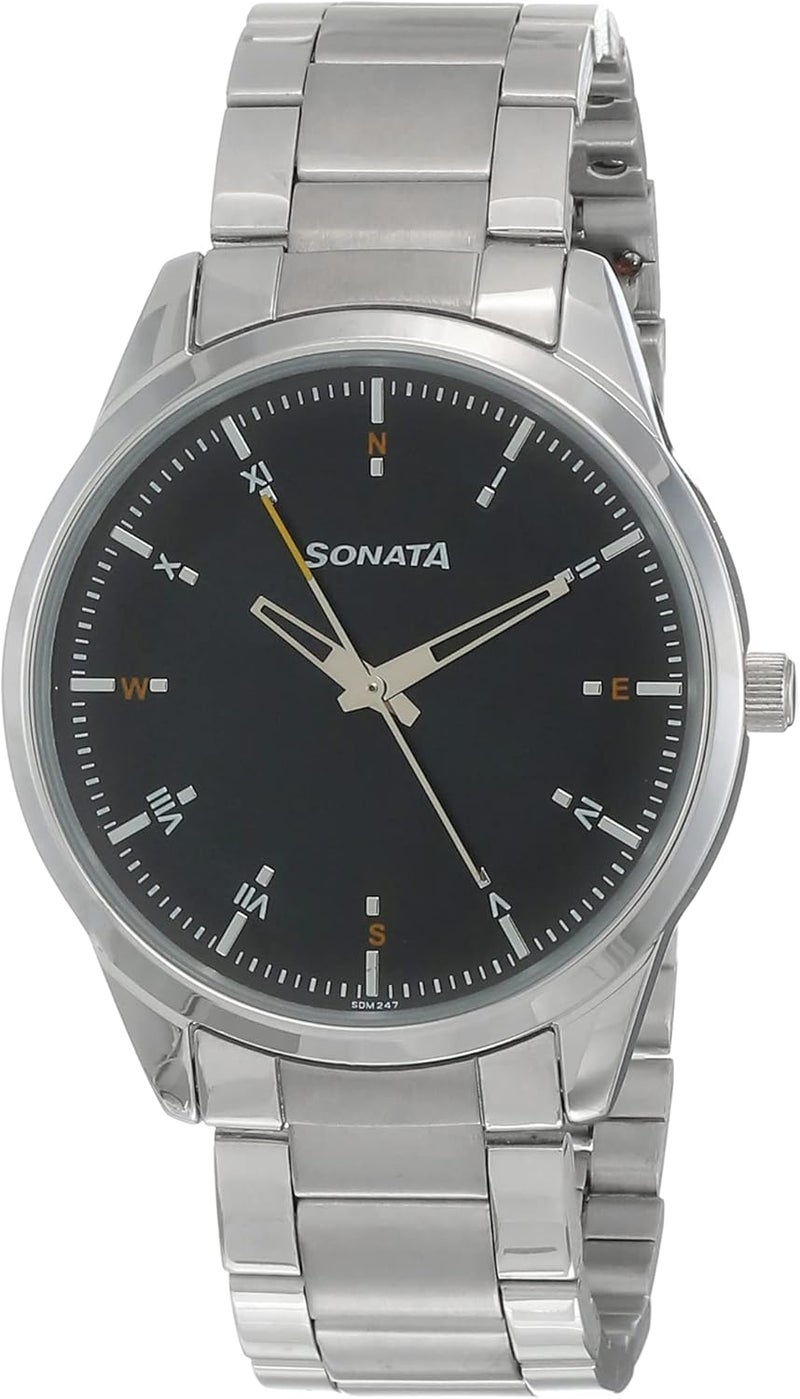 سوناتا ساعة سوناتا فورس كوارتز أنالوج بمينا أخضر وسوار من الفولاذ المقاوم للصدأ باللون الفضي للرجال - NS7146SM03 - Image 1