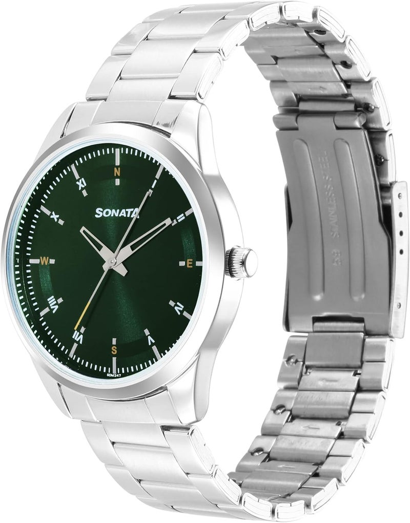 سوناتا ساعة سوناتا فورس كوارتز أنالوج بمينا أخضر وسوار من الفولاذ المقاوم للصدأ باللون الفضي للرجال - NS7146SM03 - Image 4