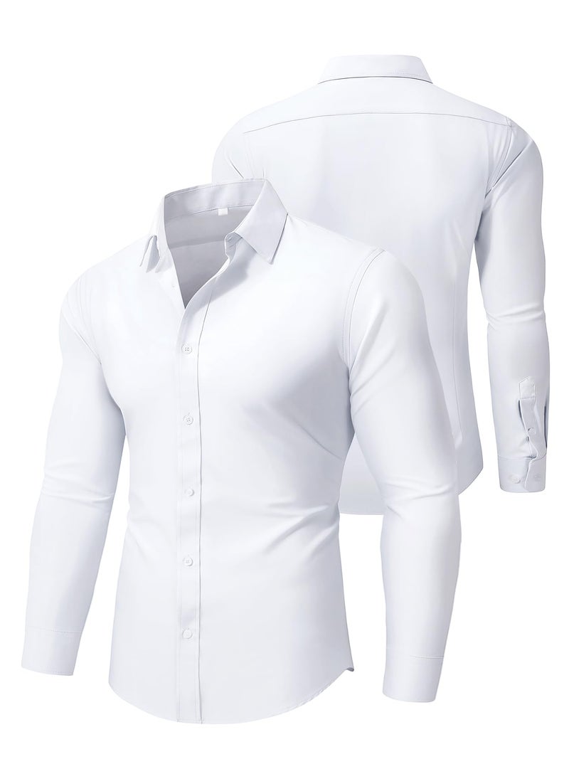 PLEPAN Men's White Long Sleeve Button Down Dress Shirt Slim Fit Stain Proof Wrinkle-Free Business Casual Stretch Shirt White M - Image 4