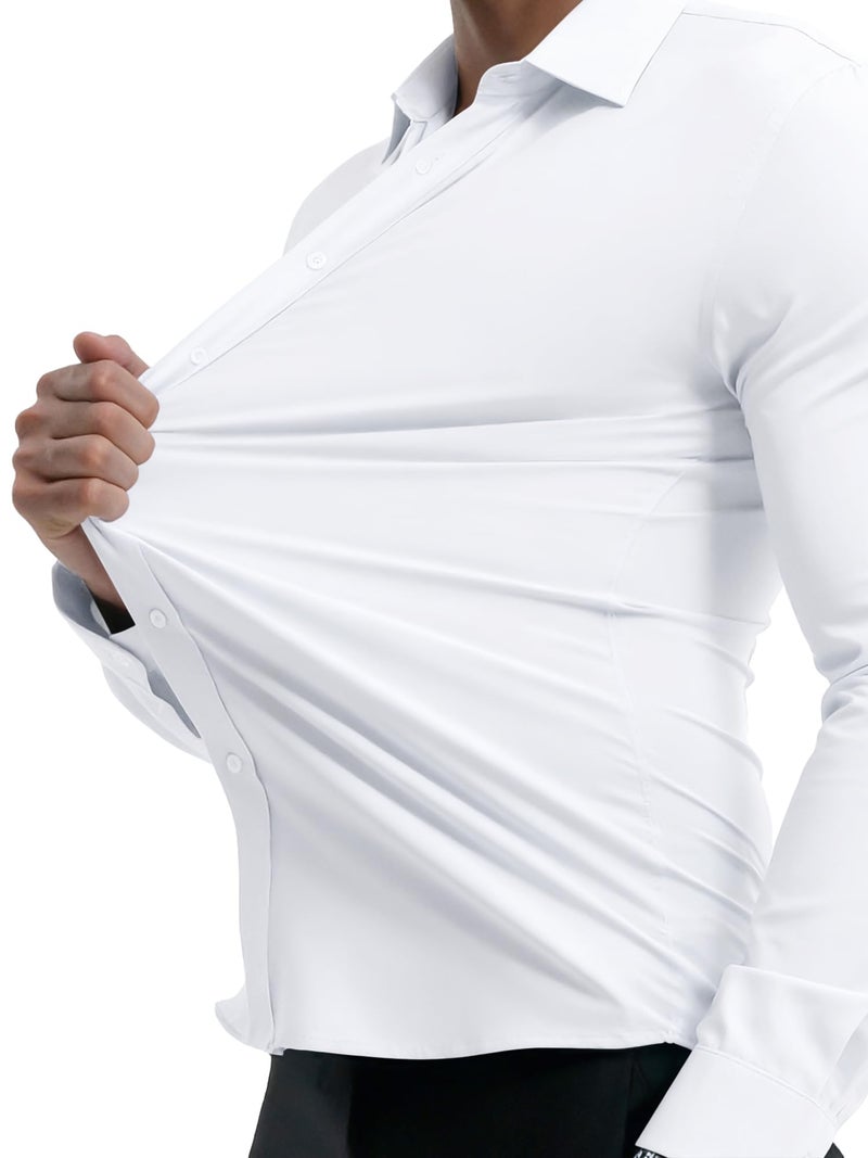 PLEPAN Men's White Long Sleeve Button Down Dress Shirt Slim Fit Stain Proof Wrinkle-Free Business Casual Stretch Shirt White M - Image 2
