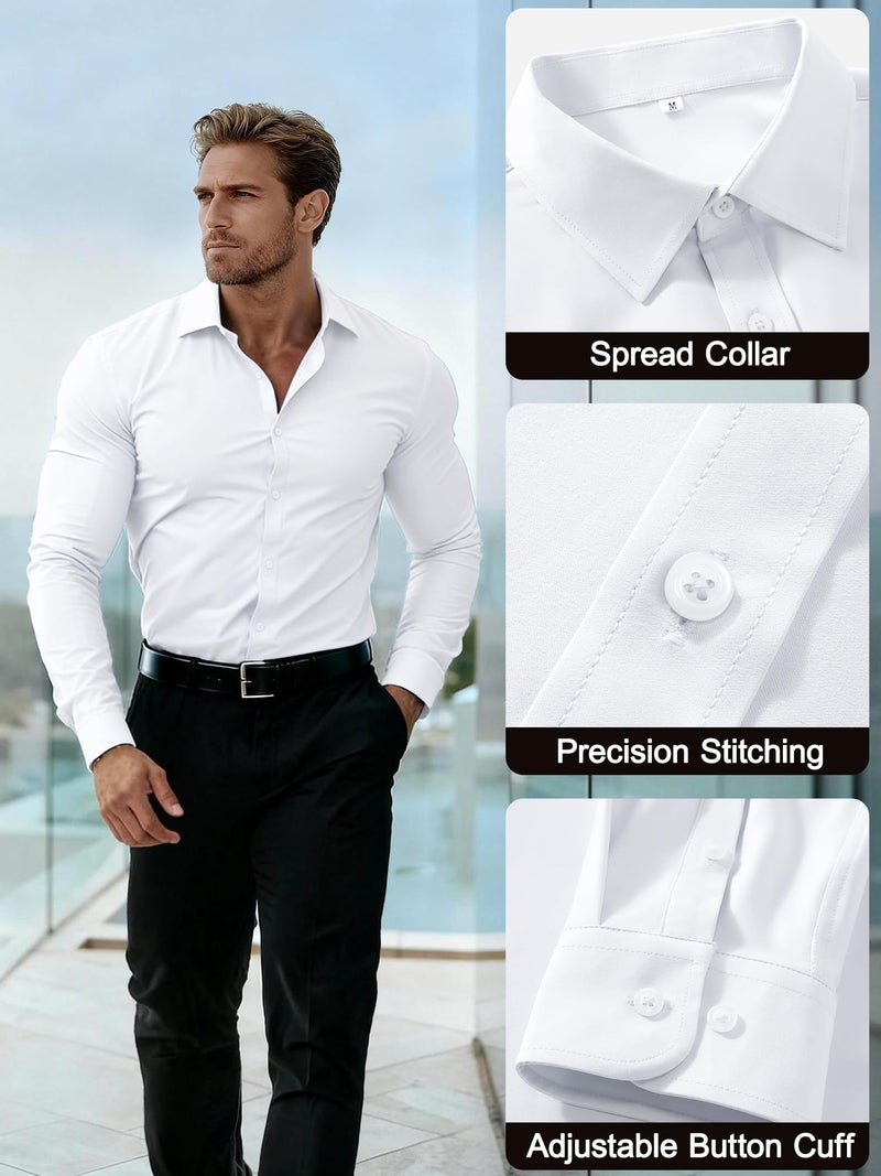 PLEPAN Men's White Long Sleeve Button Down Dress Shirt Slim Fit Stain Proof Wrinkle-Free Business Casual Stretch Shirt White M - Image 5