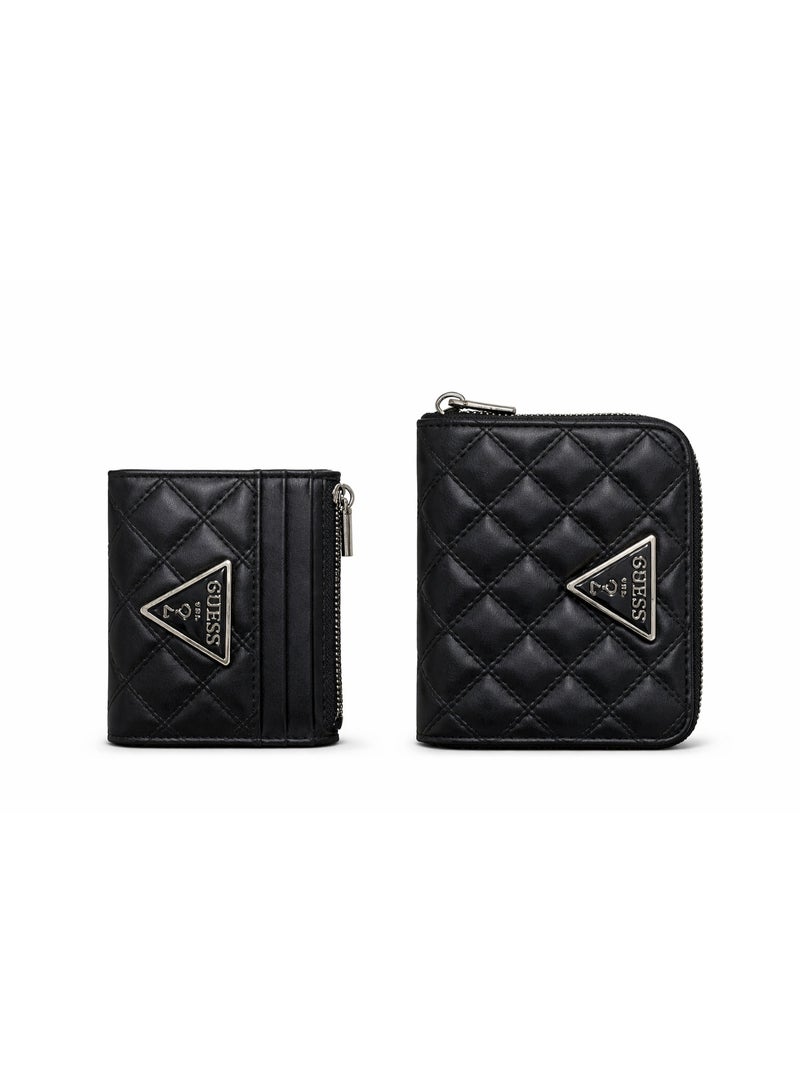 Guess Quilted Card Holder & Zip Wallet Set – Black with Triangle Logo