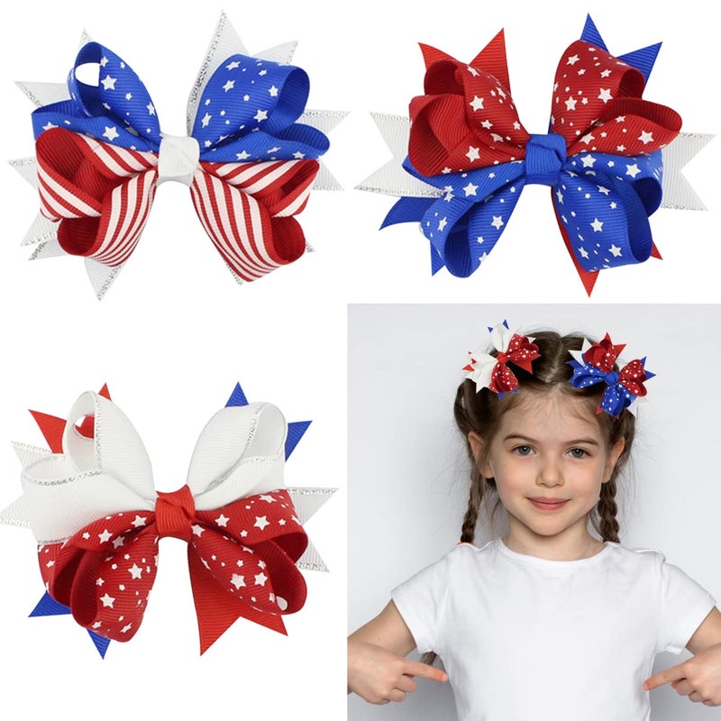 White Blue Red Bows Hair Barrettes 4th of July Hair Clips Independence Day Alligator Clips Patriotic Party Claw Clips Hair Accessories for Women Bow Hairpin USA Stars Hair Jaw Clamp Decorations 3PCS