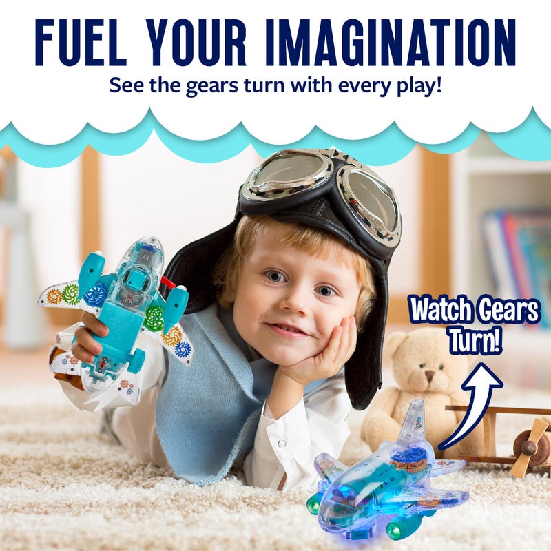 Playbees Light Up Transparent Gear Airplane Kids Bump and Go Autism Toys Colorful Moving Gears with Music and LED Effects Toddler Boy Toys Ages 3 - Image 2