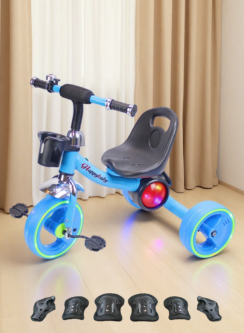 EASY FUTURE  Package Include  Protective Gear Set Kids Baby Tricycle with Light & Music Ride-On Toy Bicycle with Storage Basket (Blue/Red/Pink Options) - Image 1