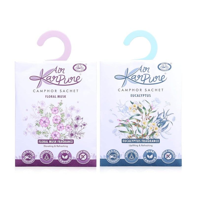 CYCLE Pure Karpure Camphor Sachet - Pack of 2 | Air Freshener for Wardrobe, Home, Office, Bathroom, Car | Floral Musk, Eucalyptus | Each Lasts up to 30 Days - Image 1