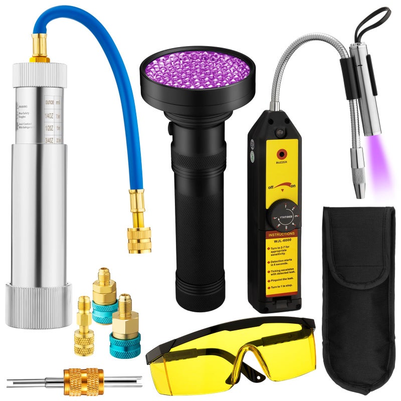 Tellegloww AC Leak Detector Kit, R1234yf R134a R410a AC Oil UV Dye Injector Kit Refrigerant Leak Detector Tool Low Side Quick Coupler Mini Split Adapter Glasses Flashlight(Classic) - Image 1