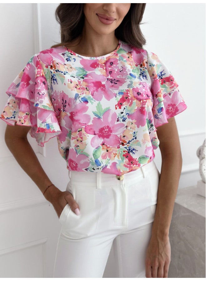 Song Feng Ya European And American W En's Summer Fashion Lotus Sleeve Round Neck Simple Printed Short Sleeve Top  - Image 1