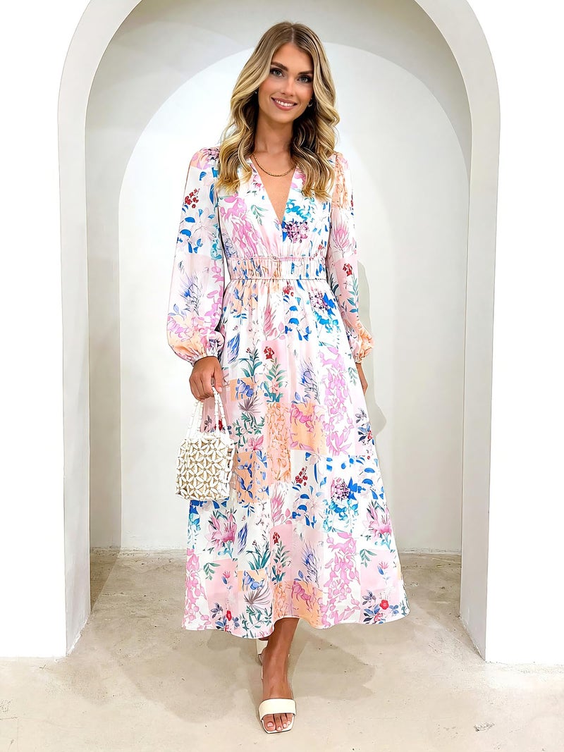 Maxigerui Women's Long Sleeve Floral Maxi Dress 2026 Spring Summer Wedding Guest Dress Pink Blue Pastel Floral XL - Image 4