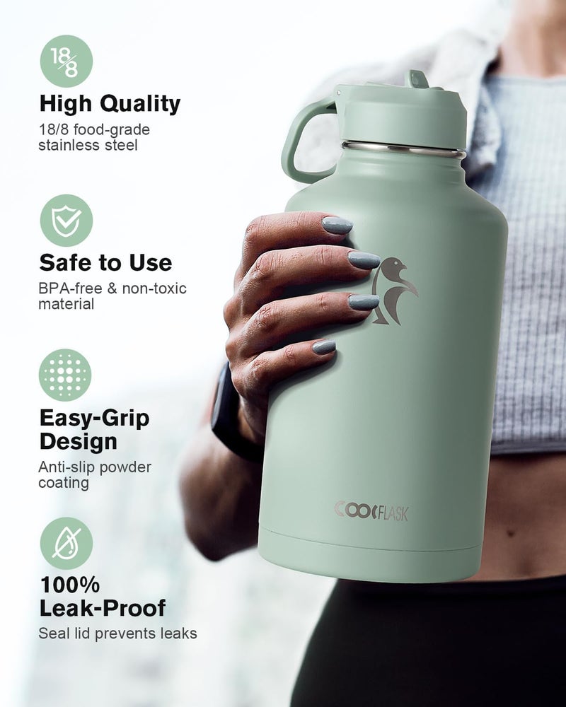 Coolflask Water Bottle 1 L Insulated with Straw, Stainless Steel Metal 3 Lids Water Flask Wide Mouth for Sports or Office, Non-BPA Keep Cold Up to 48 Hrs or Hot Up to 24 Hrs, Grey Green - Image 2