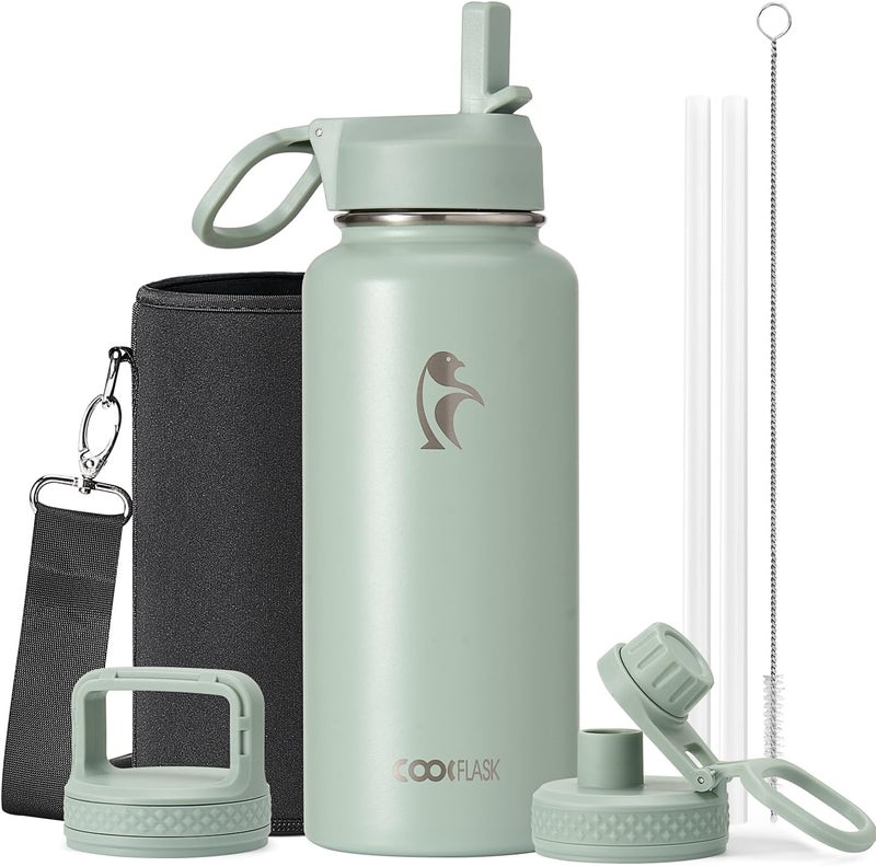Coolflask Water Bottle 1 L Insulated with Straw, Stainless Steel Metal 3 Lids Water Flask Wide Mouth for Sports or Office, Non-BPA Keep Cold Up to 48 Hrs or Hot Up to 24 Hrs, Grey Green - Image 1