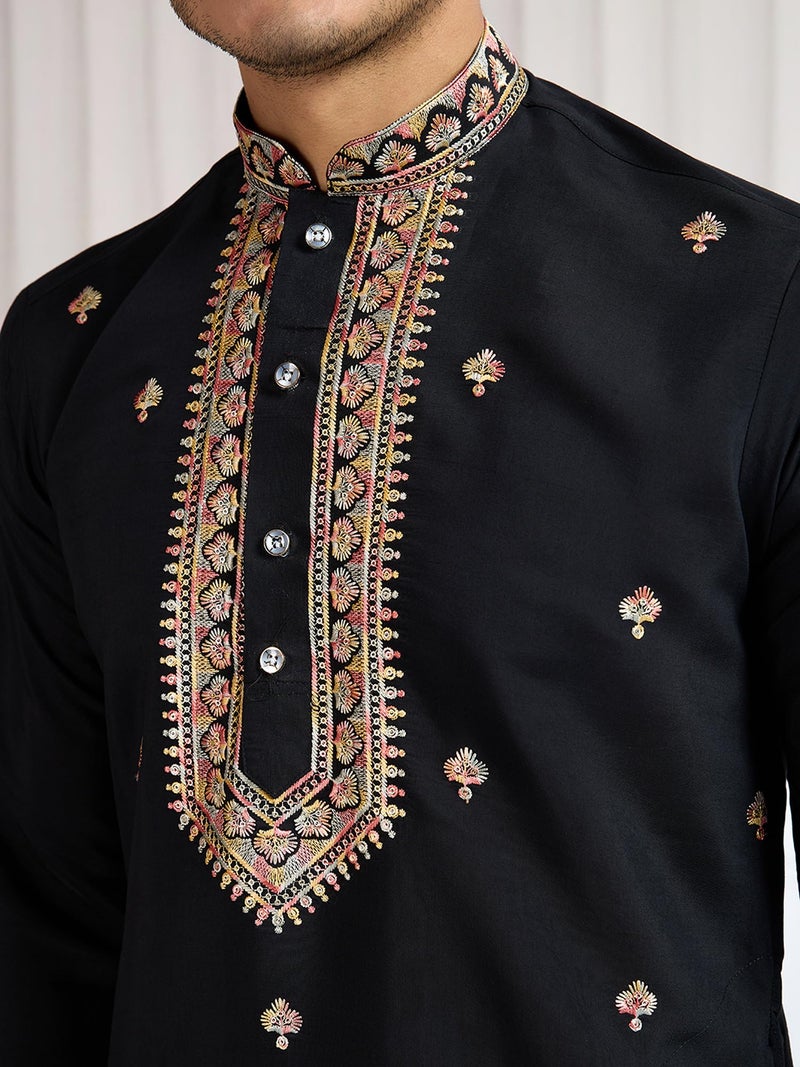 Kalaanj Men's Embroidered Silk Kurta || Only Kurta (KALSS2501MK-Black-XXL) - Image 5