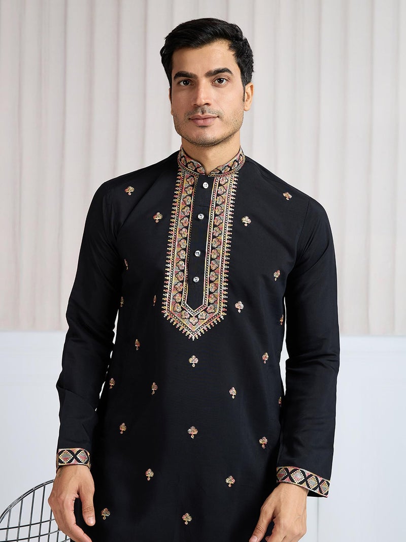 Kalaanj Men's Embroidered Silk Kurta || Only Kurta (KALSS2501MK-Black-XXL) - Image 4