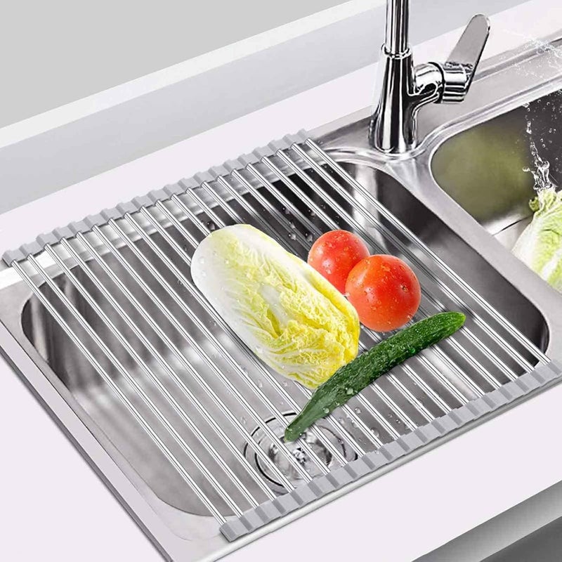 Gihunk Roll Up Dish Drying Rack, 17" x 15.7 Multipurpose Foldable Sink Drying Rack, Heat-Resistant Anti-Slip Stainless Steel & Silicone Wrapped, for Over the Sink - Image 1