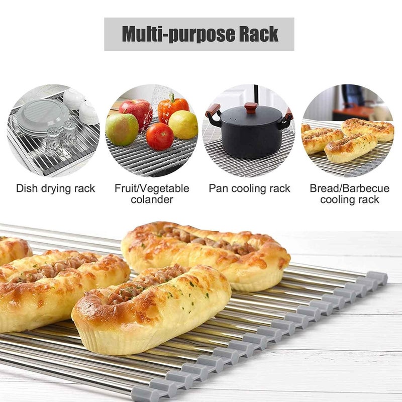 Gihunk Roll Up Dish Drying Rack, 17" x 15.7 Multipurpose Foldable Sink Drying Rack, Heat-Resistant Anti-Slip Stainless Steel & Silicone Wrapped, for Over the Sink - Image 2
