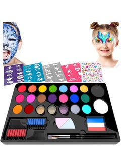 Premify Face Painting Kit For Kids -20 Colors, 41 Stencils, 3 Brushes Safe Non-Toxic,Professional Palette Washable Safe For Halloween Party, Holiday Makeup Body, Body Painting Set Adults Children  - Image 1