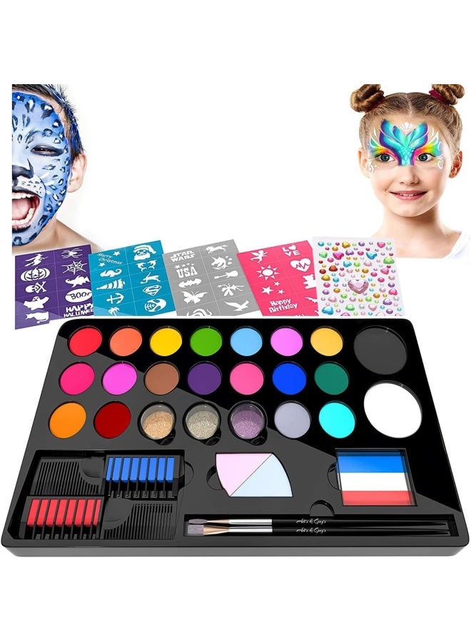 Premify Face Painting Kit For Kids -20 Colors, 41 Stencils, 3 Brushes Safe Non-Toxic,Professional Palette Washable Safe For Halloween Party, Holiday Makeup Body, Body Painting Set Adults Children  - Image 1