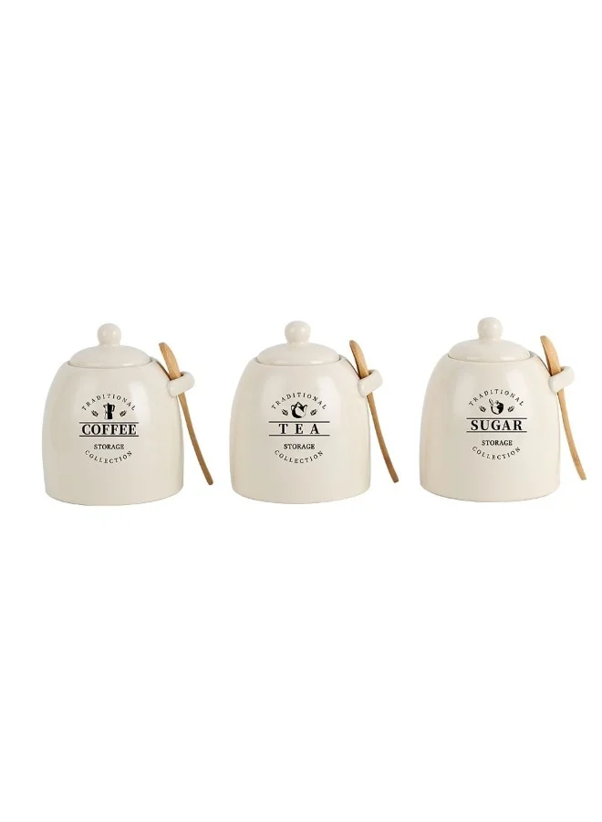 DANUBE HOME Princess 3-Piece Ceramic Storage Jar Set with Silicone Ring & Wooden Spoon – Airtight Kitchen Canisters for Sugar, Coffee, Tea, Stylish Countertop Food Storage Jars ,700Ml 10.5 X 10.5 X15.5 Hcm