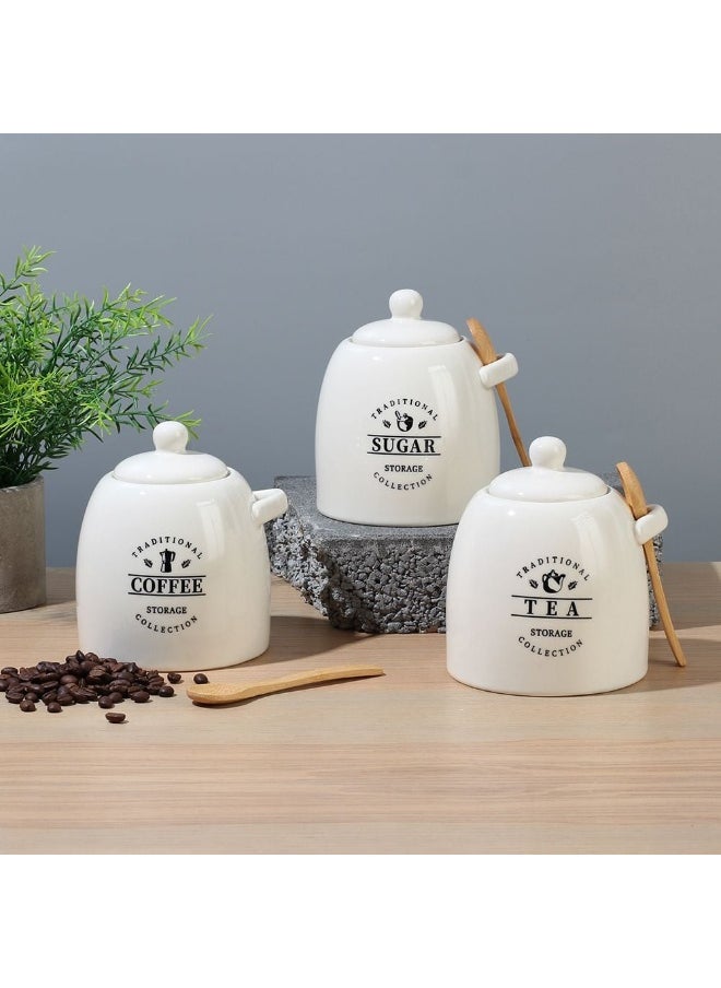 DANUBE HOME Princess 3-Piece Ceramic Storage Jar Set with Silicone Ring & Wooden Spoon – Airtight Kitchen Canisters for Sugar, Coffee, Tea, Stylish Countertop Food Storage Jars ,700Ml 10.5 X 10.5 X15.5 Hcm  - Image 1
