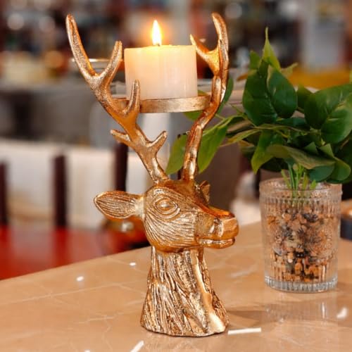 The Artage Brass Gold Finish Deer Head Candle Holder| Metal Tealight Stand for Home Décor Living Room Office|Decorative Showpiece| Vintage Home Decoration Christmas & Festive Décor| Gifting Item - Image 1