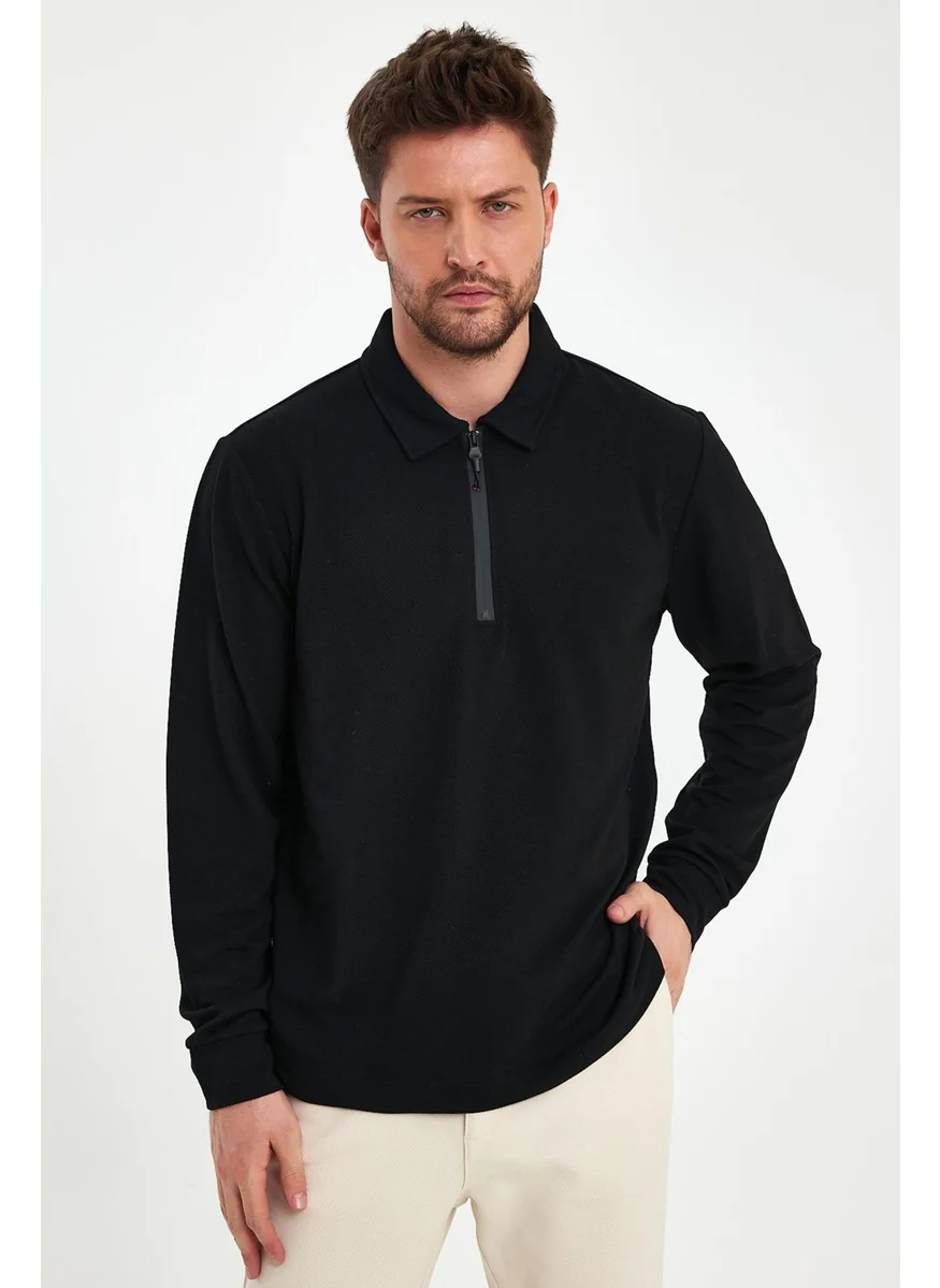 Odelon Men's Polo Neck Zippered Comfort Fit Sweatshirt Black Mars40