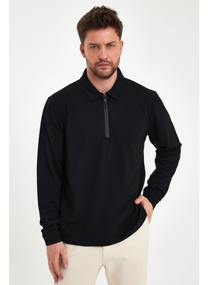 Odelon Men's Polo Neck Zippered Comfort Fit Sweatshirt Black Mars40  - Image 1