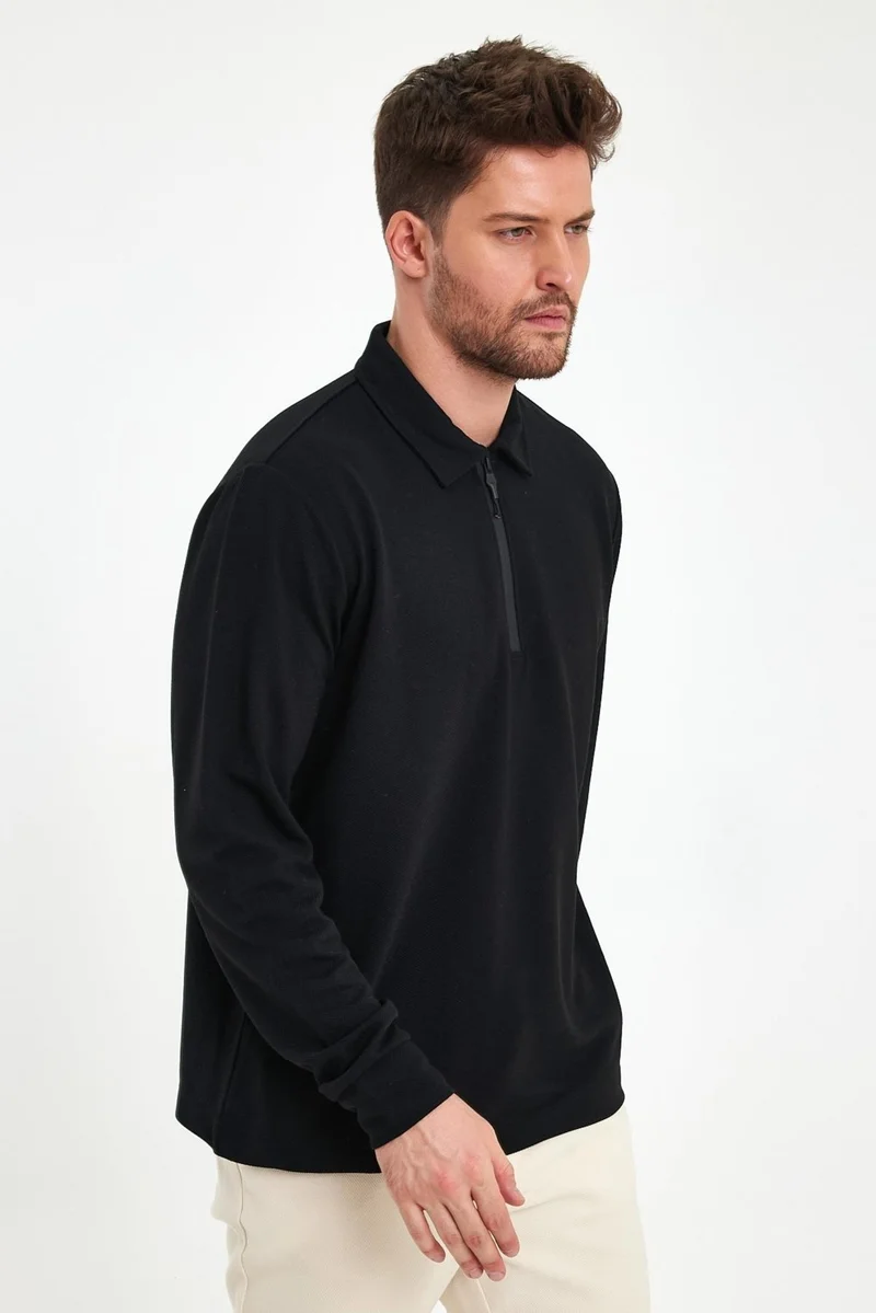 Odelon Men's Polo Neck Zippered Comfort Fit Sweatshirt Black Mars40