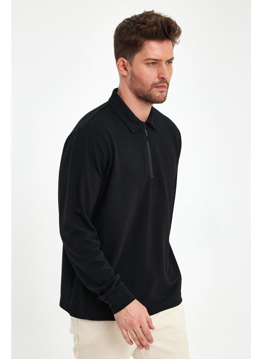 Odelon Men's Polo Neck Zippered Comfort Fit Sweatshirt Black Mars40  - Image 3