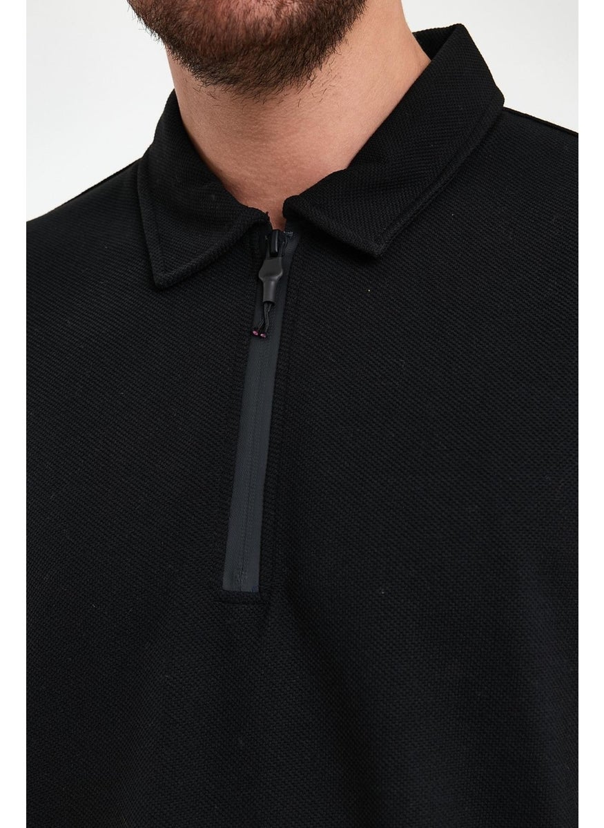Odelon Men's Polo Neck Zippered Comfort Fit Sweatshirt Black Mars40  - Image 2