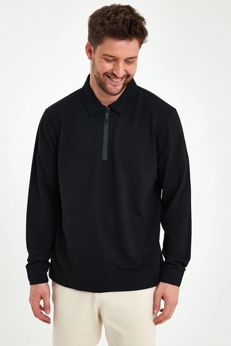 Odelon Men's Polo Neck Zippered Comfort Fit Sweatshirt Black Mars40