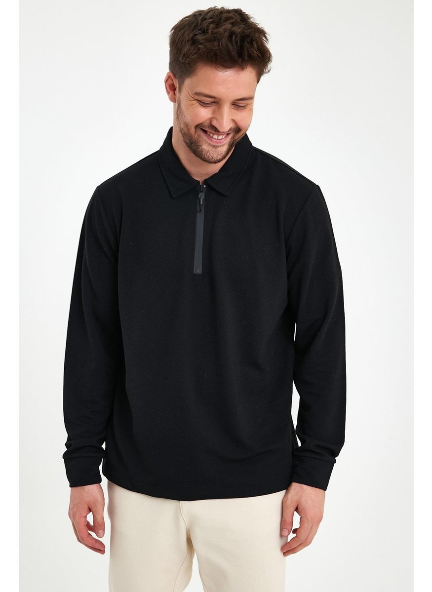 Odelon Men's Polo Neck Zippered Comfort Fit Sweatshirt Black Mars40  - Image 4