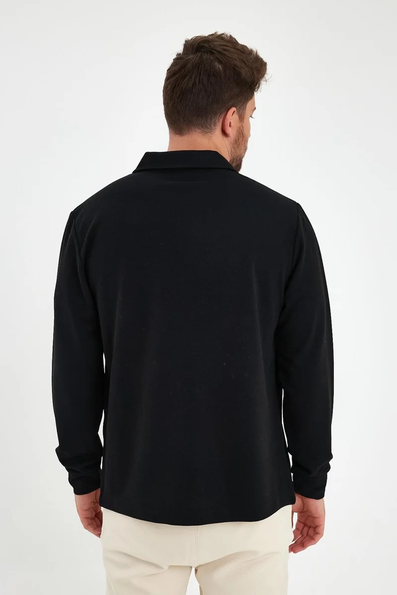 Odelon Men's Polo Neck Zippered Comfort Fit Sweatshirt Black Mars40