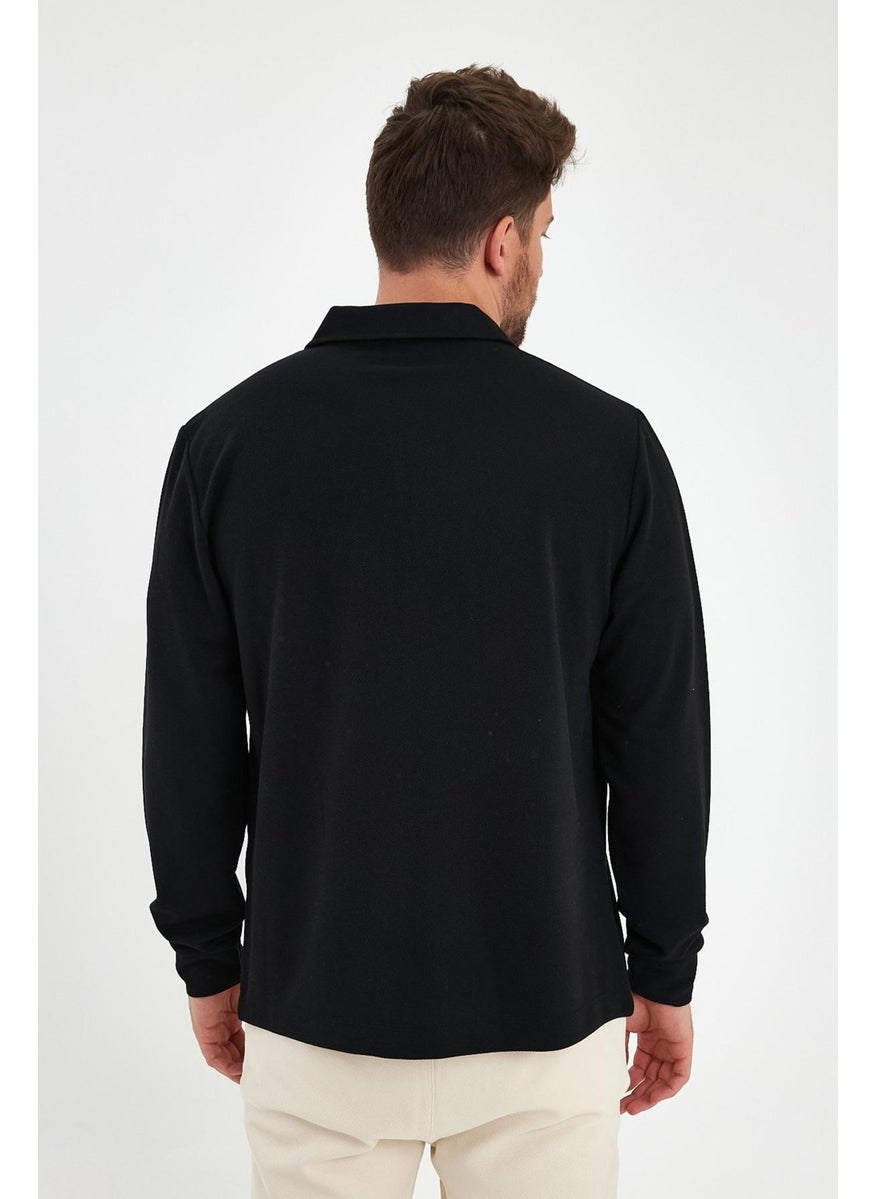 Odelon Men's Polo Neck Zippered Comfort Fit Sweatshirt Black Mars40  - Image 5