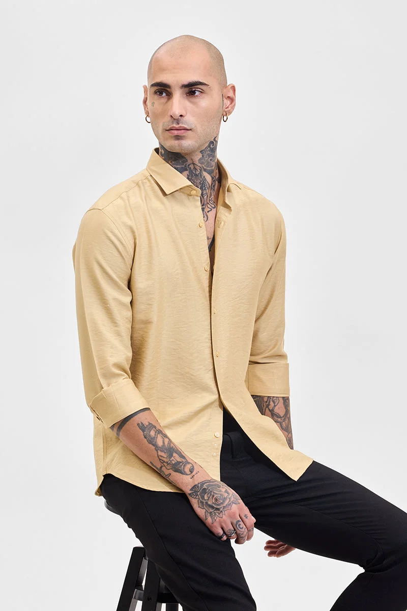 SNITCH Beige Self-Design Slim Fit Shirt