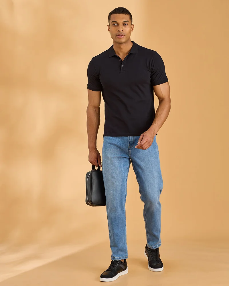 Redtag Men Black Solid Polo T-Shirt