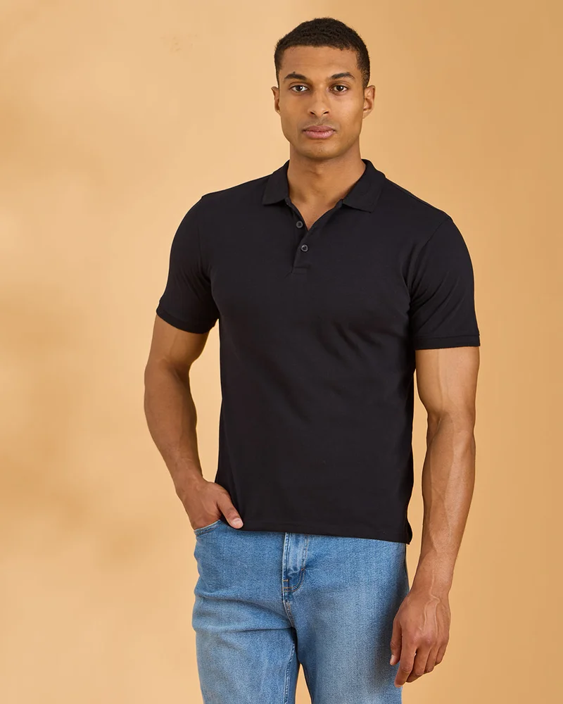 Redtag Men Black Solid Polo T-Shirt