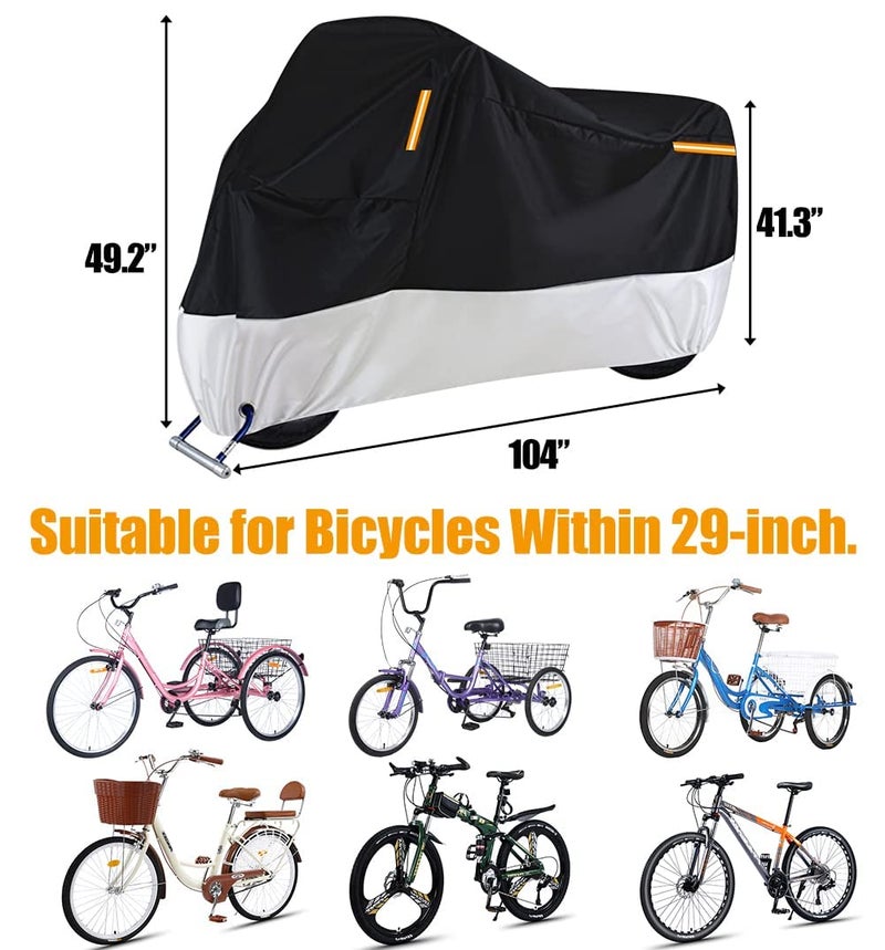 Foxtell Premium Adult Tricycle Cover, Fit All 3-Wheel Bike or Motorcycles Outdoor and Indoor Storage, 104" L x 43.3" W x 49" H (Black & Silver, 210D) - Image 3