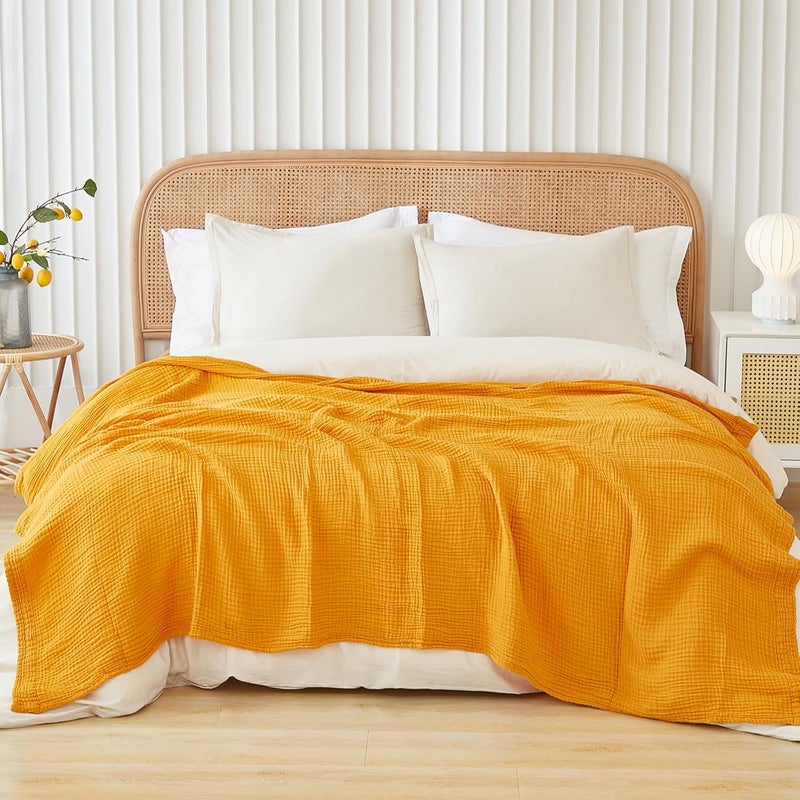 EMME Cotton Blanket Queen Size for Bed Soft Large Muslin Bed Blankets 90"x90" Lightweight Breathable All Season Gauze Blanket, Mustard Yellow - Image 1