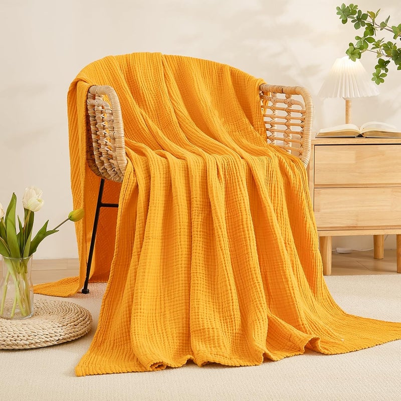 EMME Cotton Blanket Queen Size for Bed Soft Large Muslin Bed Blankets 90"x90" Lightweight Breathable All Season Gauze Blanket, Mustard Yellow - Image 5