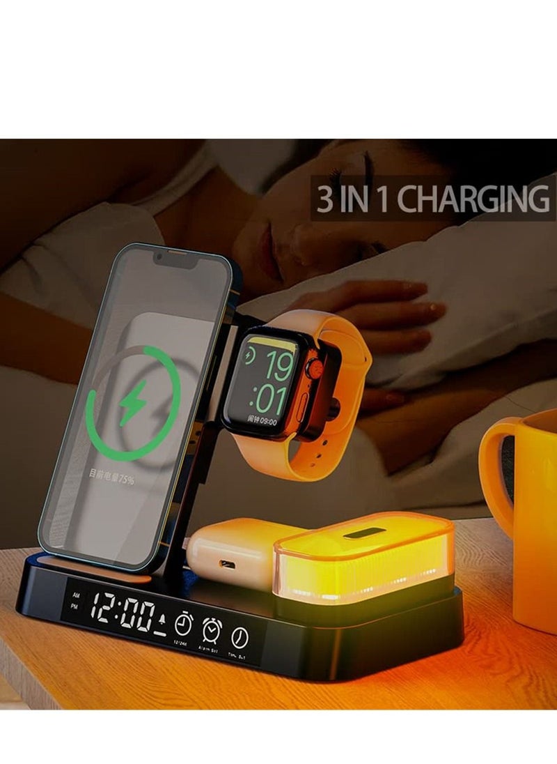 Wireless Charger, 4 in 1 Wireless Charging Station with LED Night Light, Digital Clock, Alarm Clock, for Apple iPhone, for Samsung Galaxy, and All Qi-Enabled Devices (Black)
