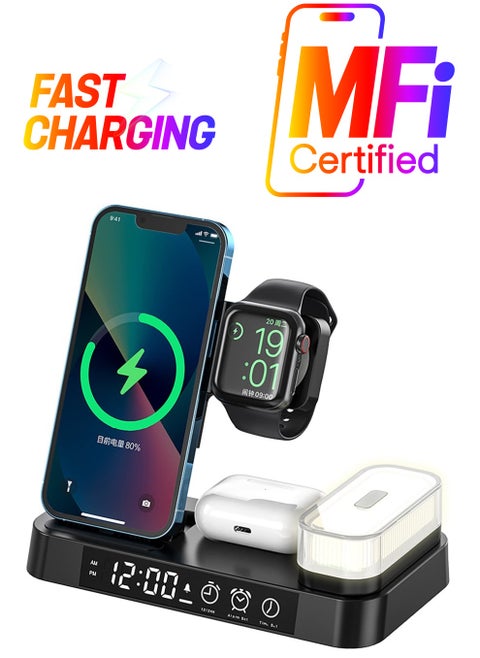 Wireless Charger, 4 in 1 Wireless Charging Station with LED Night Light, Digital Clock, Alarm Clock, for Apple iPhone, for Samsung Galaxy, and All Qi-Enabled Devices (Black)